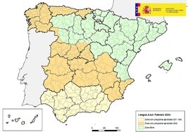 Zonas restringidas por lengua azul en España (datos del Ministerio de Agricultura, febrero de 2024). En verde, la libre.