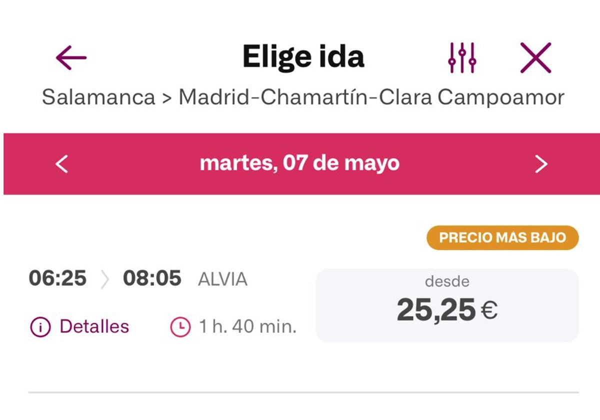 Captura de la aplicación de Renfe, en la que ya se pueden reservan los billetes de Alvia.