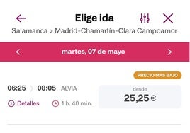 Captura de la aplicación de Renfe, en la que ya se pueden reservan los billetes de Alvia.