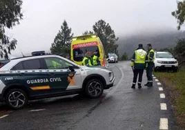 Agentes de la Guardia Civil y sanitarios en el lugar del accidente mortal en la DSA-355, en Garcibuey.