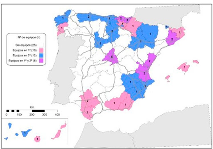 Distribución provincial de los equipos de la primera y segunda división de la Liga Española en la temporada 2023-2024.