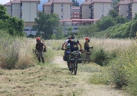 Imagen de ciclistas en la Vía Verde esta mañana durante los trabajos de desbroce que se están realizando en ese tramo turístico.