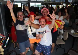 Salmantinos celebran en el partido de cuartos de final contra Alemania.