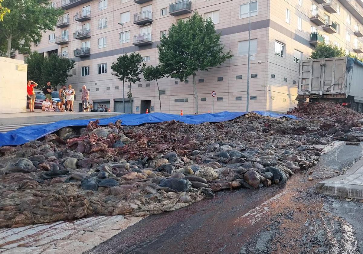 La apertura de la puerta de un camión deja trozos de carne en la calle Astorga