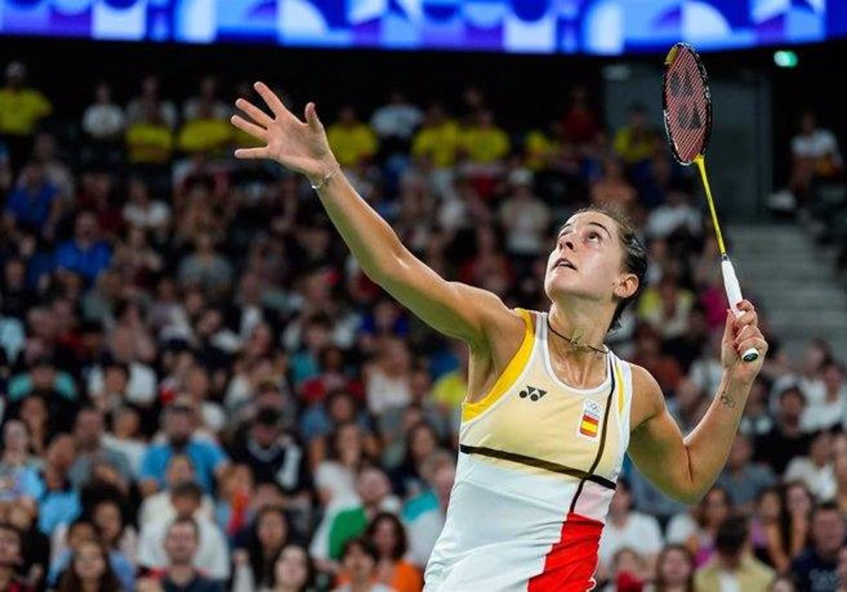 Carolina Marín, en el duelo de octavos ante la estadounidense Zhang.