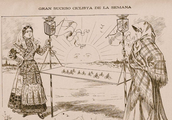 Dos mujeres con los respectivos trajes típicos, como madrinas de la carrera portando estandartes con los respectivos escudos de las ciudades.