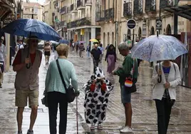 Varias personas pasean por la Rúa un día de lluvia.