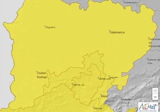 Mapa de la provincia de Salamanca bajo alerta amarilla.