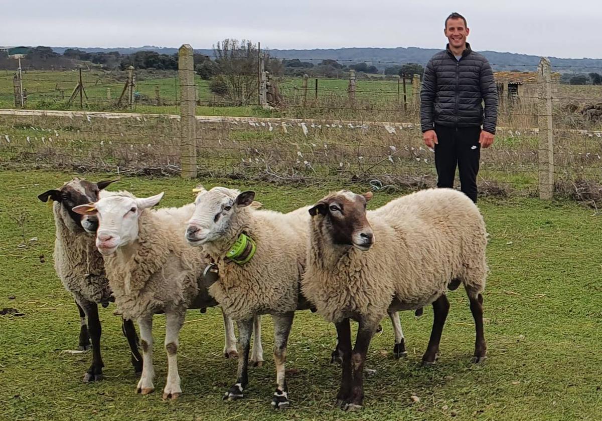 Pablo Tabernero y sus carneros, con collar de GPS.