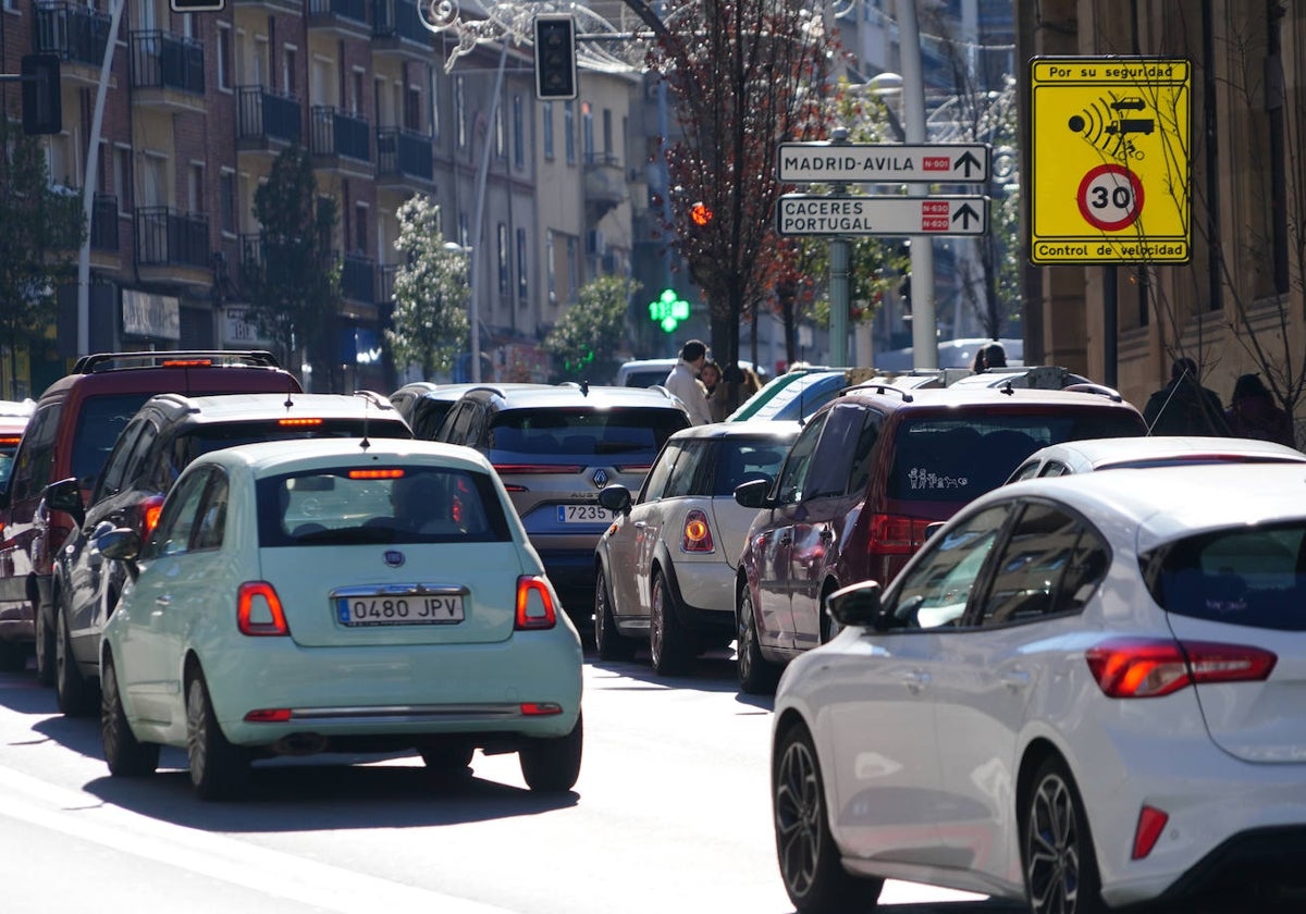 Coches aparcados en doble fila por el paseo de Canalejas.