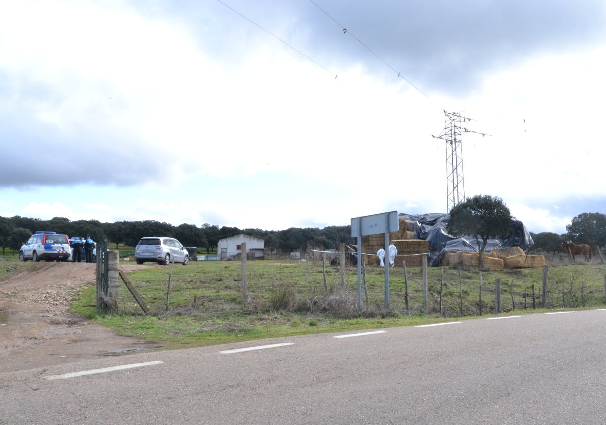 Imagen principal - Agentes del Servicio de Criminalística de la Guardia Civil y de la Policía Local de Ciudad Rodrigo investigan sobre el terreno en una finca de Sanjuanejo, en Ciudad Rodrigo.