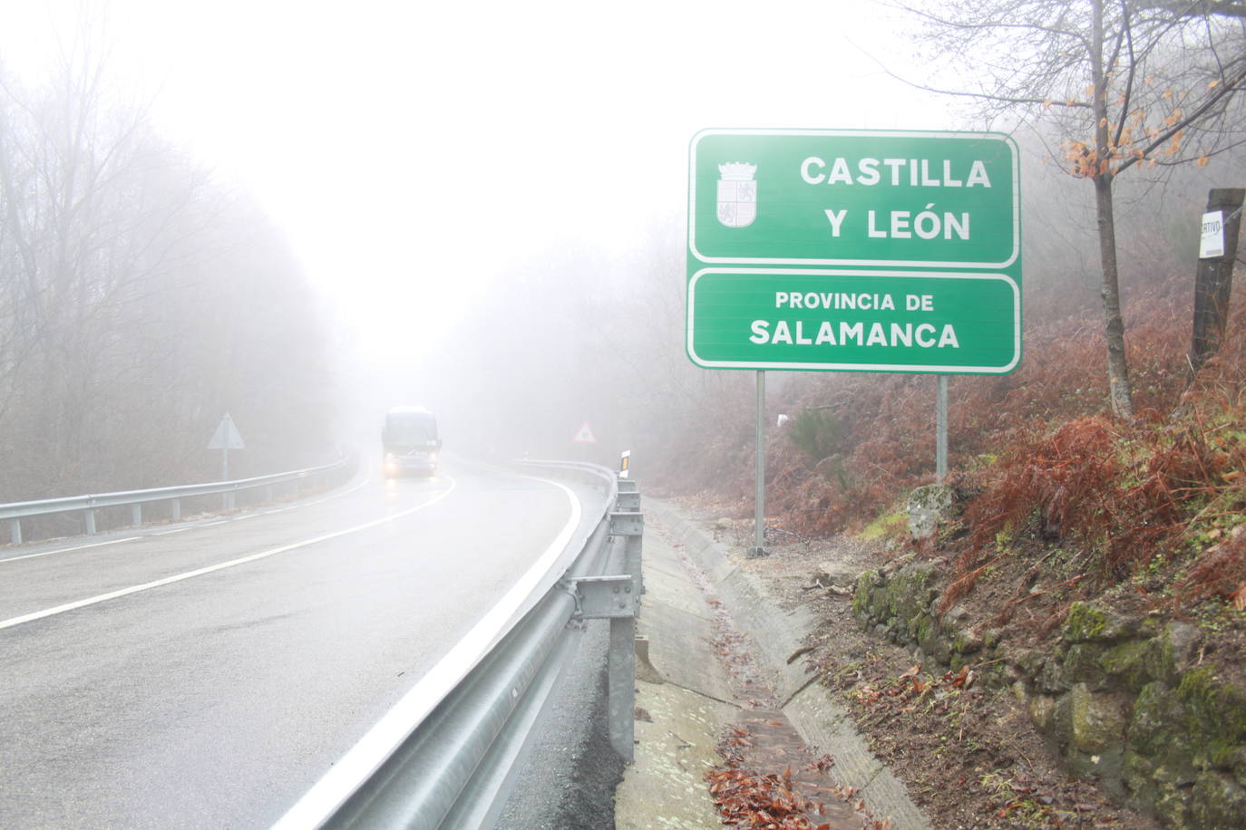 Una carretera salmantina con niebla.