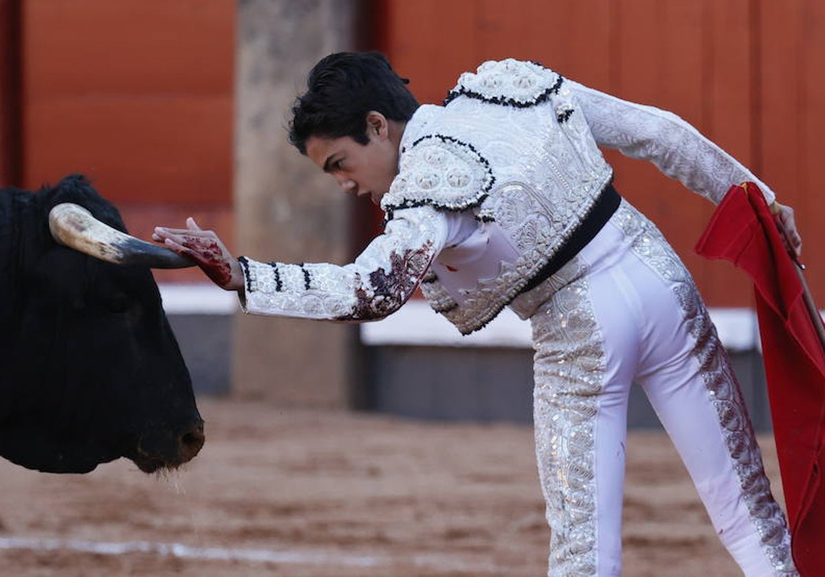 Desplante de Marco Pérez ante Flor, el novillo de Carmen Lorenzo de su presentación en La Glorieta.