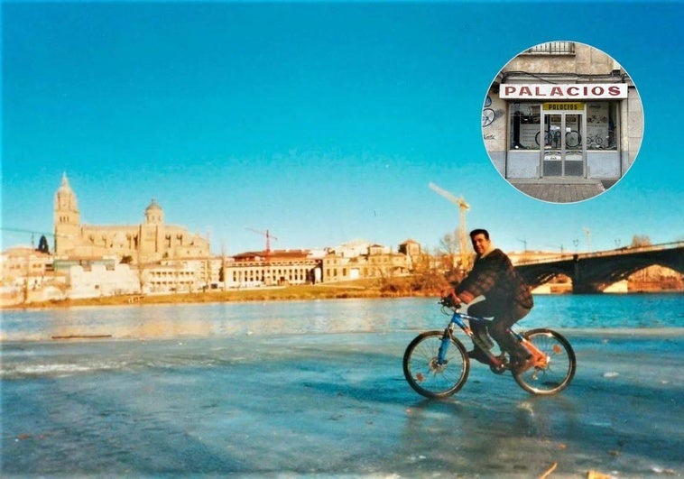 Pepe González, en bici sobre el río Tormes congelado. / El negocio 'Bicicletas Palacios'.