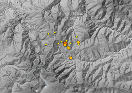 Imagen del mapa elaborado por el Instituto Geográfico Nacional en el que aparecen los terremotos registrados en los últimos 3 días en los Montes de León.