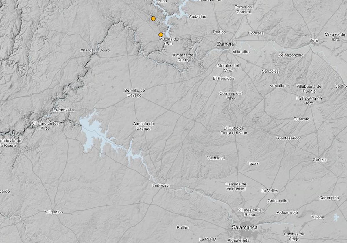 Mapa del Instituto Geográfico Nacional donde pueden verse los epicentros de los terremotos ocurridos en Zamora este jueves.