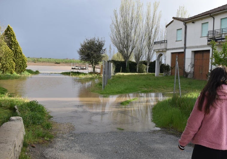 Una de las viviendas donde el agua llegó hasta la entrada y al fondo una de las tierras recién plantadas completamente inundada.