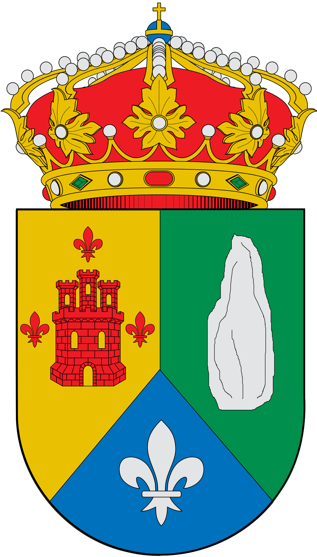 Escudo mantelado en punta. Primero, de oro con un castillo de gules, acompañado en el jefe y flancos de tres lises de lo mismo. Segundo, de sinople con un menhir de plata. Tercero, de azur con una flor de lis de plata.