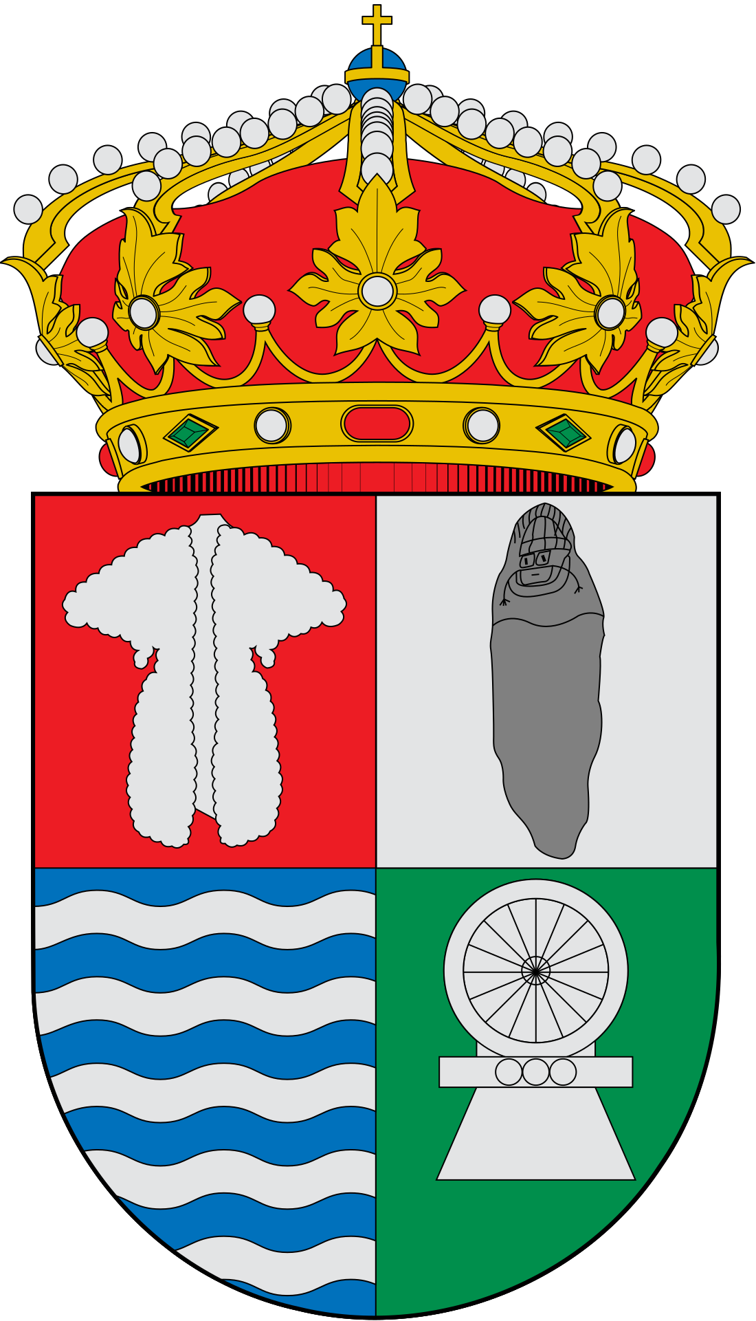 Escudo cuartelado: 1.º, en campo de gules, una zamarra de pastor en plata; 2.º, en campo de plata, el ídolo de Lerilla en su color piedra; 3.º, en campo de azur, ondas de plata; 4.º, en campo de sinople, una estela funeraria antigua.