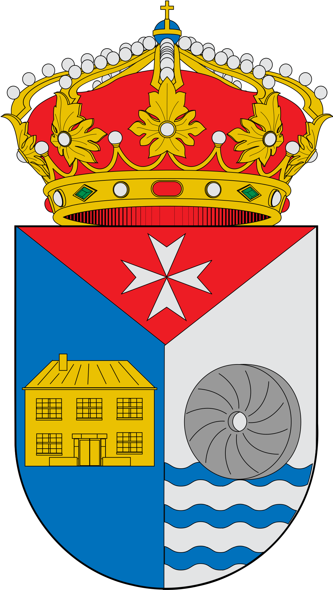 Se trata de escudo partido: primero de Azur con una casa mesón de oro. Segundo de plata con una rueda de molino sobre ondas de azur y plata. Mantelado en jefe de gules, con una cruz de San Juan de Jerusalén de plata.