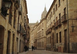 Vista de la torre de la Campanas de la Catedral Nueva desde la calle Francisco de Vitoria en un día nublado.