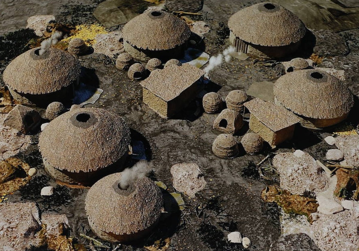Recreación digital de las cabañas del poblado de la Edad de Hierro del Cerro.
