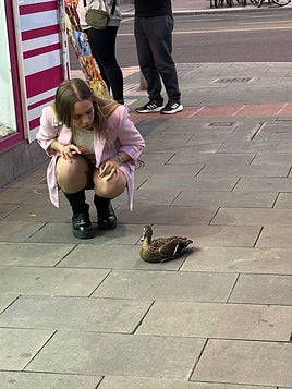 Una joven intenta atender al pato.