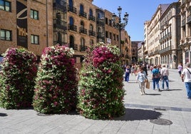 Torres de flores, este miércoles en la plaza del Liceo.