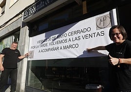 Pancarta con el cierre del establecimiento en Salamanca para ir a ver a Marco Pérez a Las Ventas.