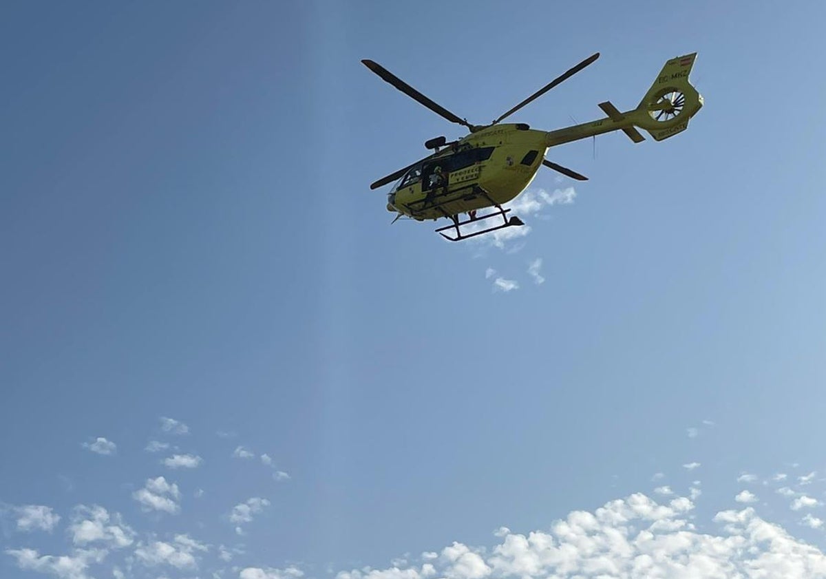 Imagen principal - El helicóptero del Sacyl y los Bomberos de la Diputación en el lugar de los hechos.