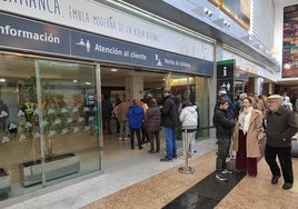 Viajeros haciendo cola en las oficinas de Renfe de Vialia.