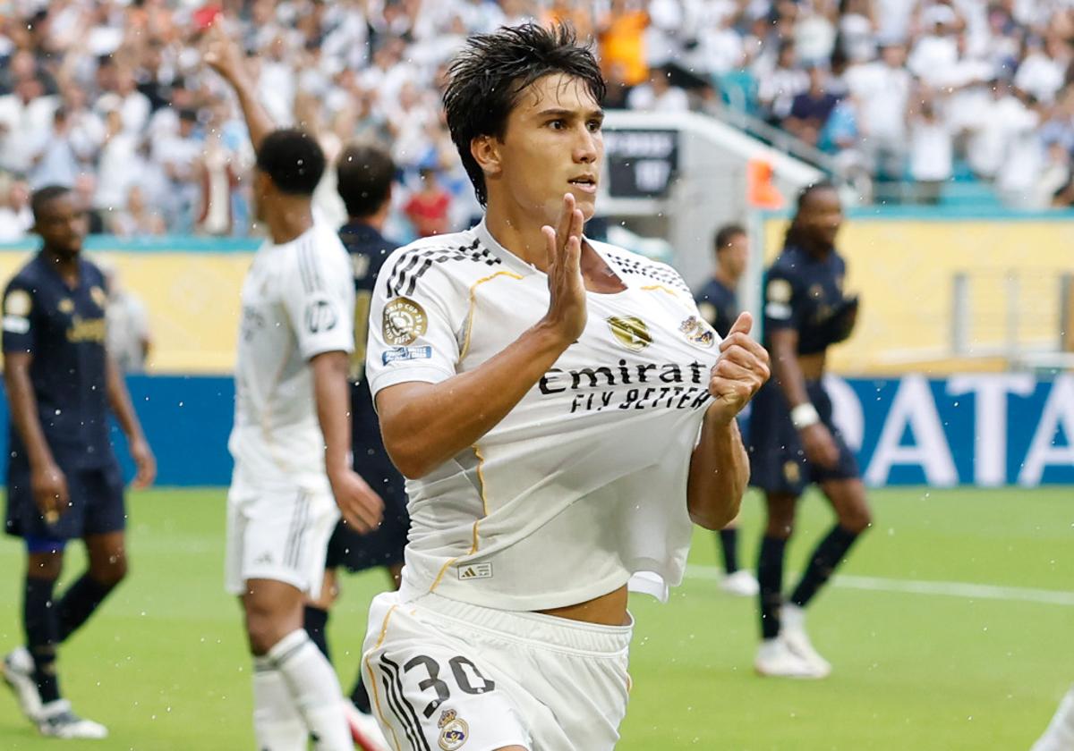 Gonzalo García, celebrando su gol ante la Juventus en el Hard Rock Stadium de Miami.