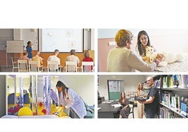 Sala multisensorial, distintas terapias en el CRE Alzheimer y Marta Rivas, Ana Mateos y Enrique Pérez, en la biblioteca del centro.