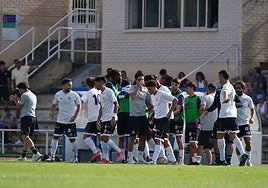 Los jugadores del Salamanca UDS celebran el primer tanto de Mancebo.