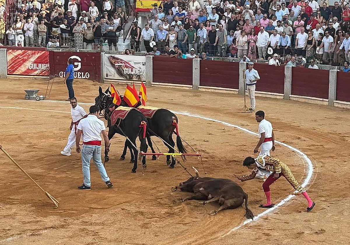 Diosleguarde felicita a Faisán, de Toros de Orive, mientras se le rinden los honores de la vuelta al ruedo en el arrastre.