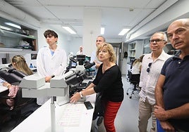 El alumno, Pablo Hérnandez, el delegado de Educación, Luis Sánchez y la investigadora, Carmen García observan una muestra de tejido.