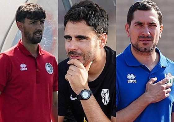 Gabri de Aller, entrenador de Unionistas B, Mario Sánchez, técnico del Santa Marta, y Dani Romo, entrenador del Guijuelo.