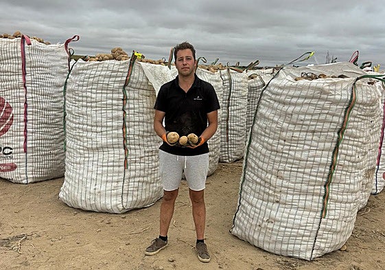 El agricultor Adolfo Carlos Hierro, con patatas ya cosechadas.