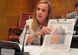 La senadora Esther del Brío, durante su intervención en la Comisión de Cultura del Senado, enseñando una página de LA GACETA.