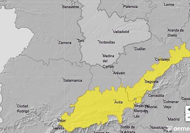 Mapa de la AEMET con las zonas bajo aviso amarillo este miércoles.