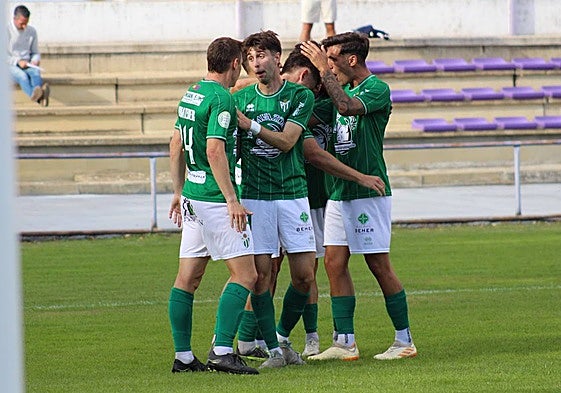 Los jugadores del CD Guijuelo celebran una de sus dianas contra el Becerril.