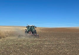 Un tractor pasa el cultivador en La Armuña.