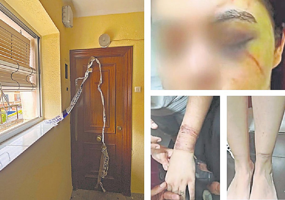 La puerta de 'la casa de los horrores', en el barrio del Carmen, y lesiones de la víctima en ojo, muñecas y tobillo.