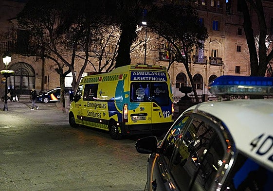 Una ambulancia y dos patrullas de la Policía Nacional, en el centro de Salamanca.