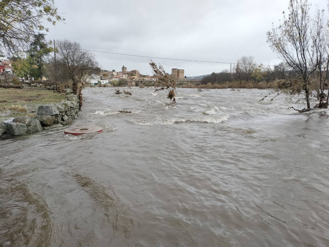 Crecida del Tormes por Puente del Congosto: un garaje inundado, muros derribados o farolas dobladas