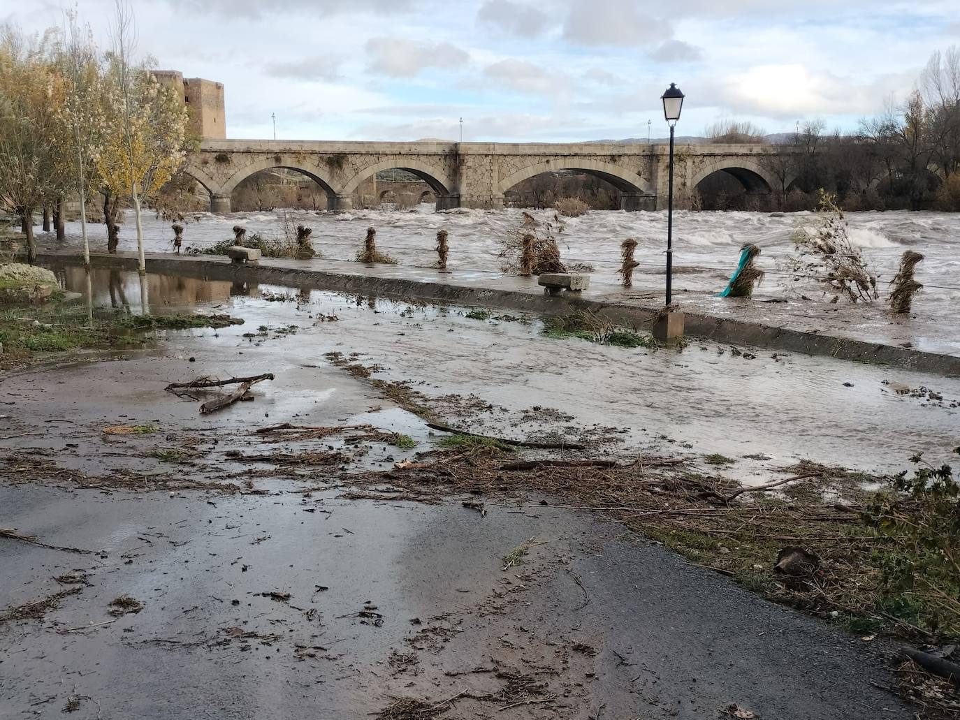 Crecida del Tormes por Puente del Congosto: un garaje inundado, muros derribados o farolas dobladas