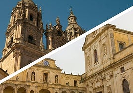 Vista de las torres de La Clerecía arriba y abajo una foto tomada desde la Piazza del Duomo de Lecce.