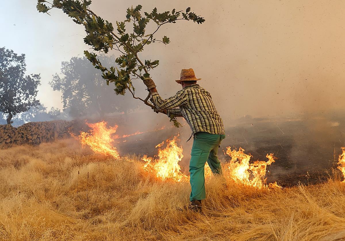 Un hombre, ajeno a esta información, sofoca un incendio.