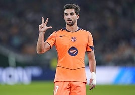 Ferran Torres celebra su tercera diana contra el Betis.