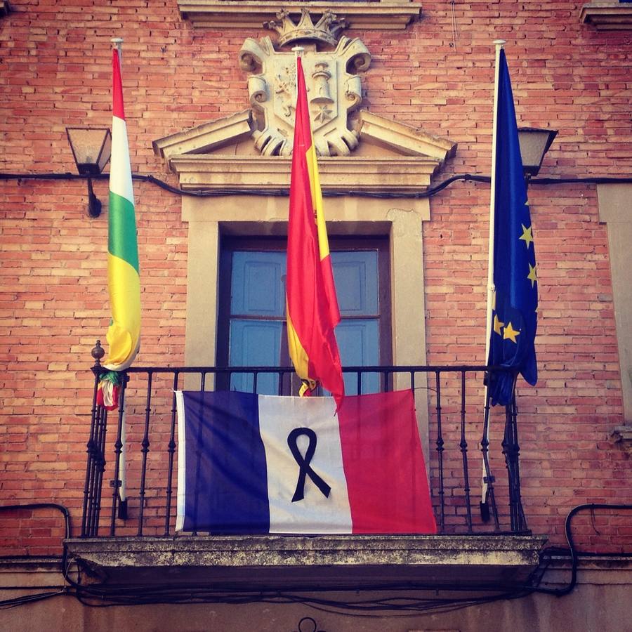 Alberite. Bnderas recogidas y crespón negro sobre la bandera de Francia.